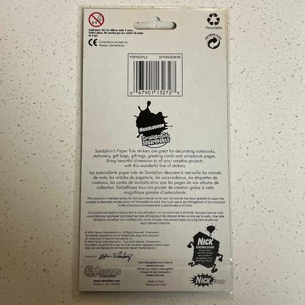 Vintage Sandylion SpongeBob Squarepants 3D Scrapbook Stickers‎ Sheet